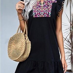 Black Embroidered Boho Mini Dress With Pom Pom Sleeves